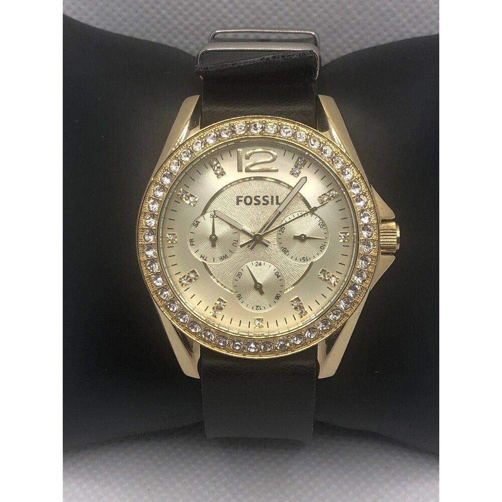 Fossil ES3343 Women's Black Leather Analog Champagne Dial Quartz Watch LP223